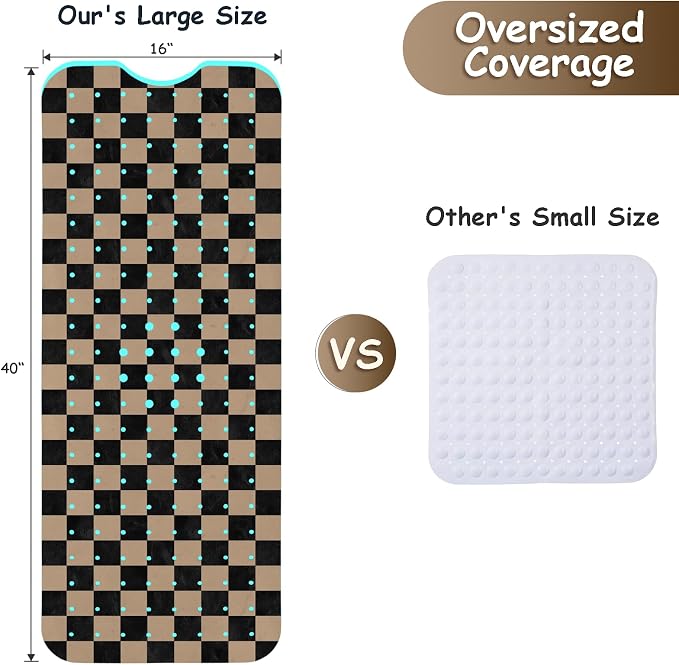 Bathtub Mat Non Slip, Checkered Extra Long Bath tub Mat Shower Floor Mat with Suction Cups and Drain Holes for Adults Kids Elderly 40 X 16 Inch