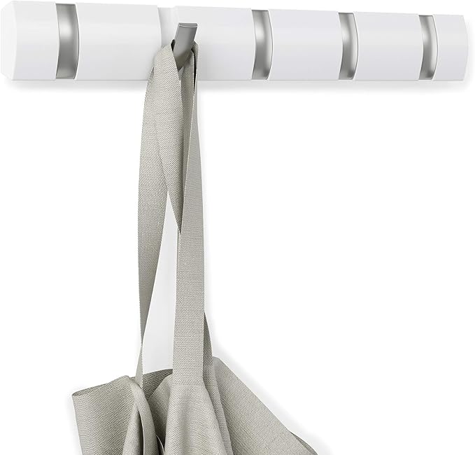Umbra Flip Wall-Mounted Coat Rack with 5 Hooks – Modern, Space-Saving Storage for Hats, Jackets, Bags, Entryway, Mudroom, Closet, Bathroom, Bedroom – White/Nickel