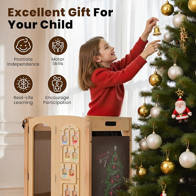 JUZBOT Toddler Tower- Foldable Wooden Kitchen Stool Helper with Safety Net, Anti-Tip Base, Detachable Step, Chalkboard & Whiteboard, 150lb Capacity, Montessori Gift for Kids 18M-5Y