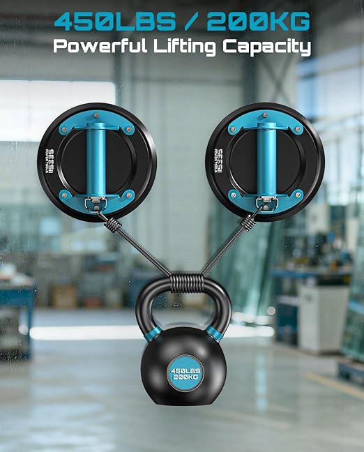 SEESII Glass Suction Cups with Metal Handle, 8" Tile Suction Cup Tool, 450 lbs (200kg) Load Capacity Heavy Duty Vacuum Lifter for Lifting Tile/Granite/Windows/Mirror (2 Pack)