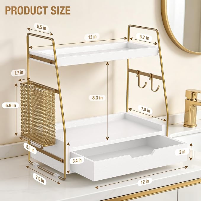 2-Tier Bathroom Counter Organizer with Drawer and Removable Basket, Wood Vanity Countertop Storage for Perfume, Makeup, Skincare, Bathroom Counter Shelf, 13" x 7.9" x 14.5", White Gold