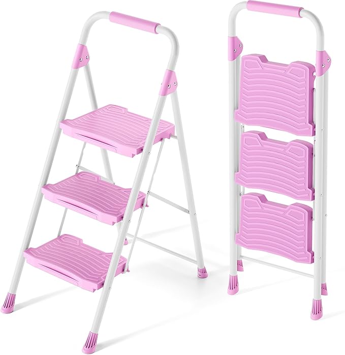 KINGRACK 3 Step Ladder, Sturdy Step Stool with Handrail, Anti-Slip Wide Pedals, 900lbs Foldable Step Stool for Home, Garage, Garden, Household, Large Loading Capacity, Pink