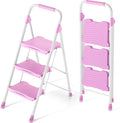 KINGRACK 3 Step Ladder, Sturdy Step Stool with Handrail, Anti-Slip Wide Pedals, 900lbs Foldable Step Stool for Home, Garage, Garden, Household, Large Loading Capacity, Pink