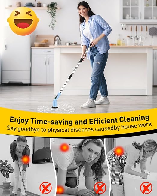 Electric Spin Scrubber for Cleaning Bathroom, Shower Scrubber Cordless Cleaning Brush with IPX7 Waterproof & 2 Speed, 3 Brush Heads, Bathroom Cleaning Supplies for Shower Tub Kitchen Tile Toilet Sky