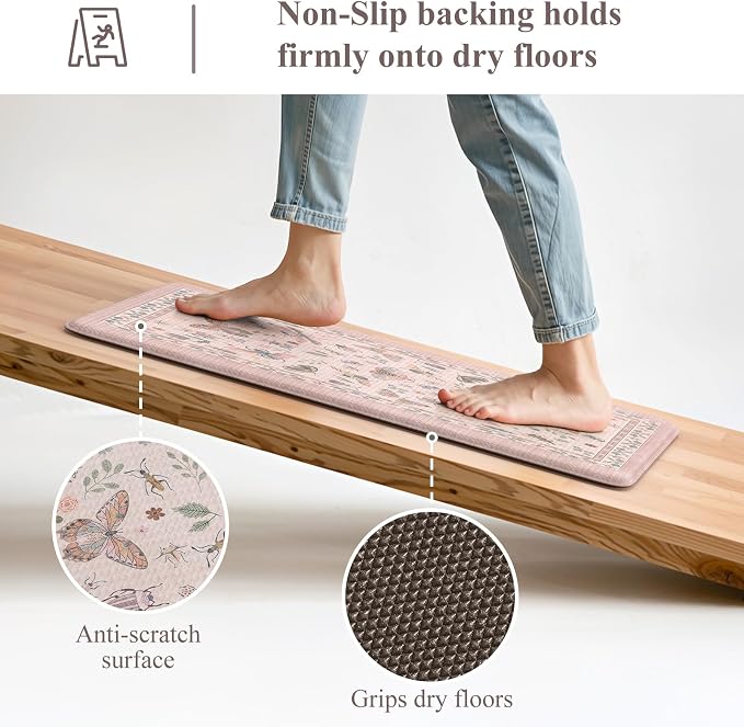 LEEVAN Anti Fatigue Mats for Kitchen Floor Non-Slip, Cushioned Kitchen Mats for Floor 2 Piece, Pink Memory Foam Kitchen Mat Set, Waterproof Ergonomic Standing Mat for Bar, Office,Desk, Laundry