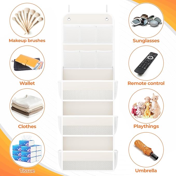 SpaceHacks 5-Tier Over the Door Organizer with Mesh Pockets, Baby Nursery Storage for Closet, Bathroom and Bedroom, Adjustable Hanging Closet Organizer for Cosmetics, Books and Essentials (Beige)