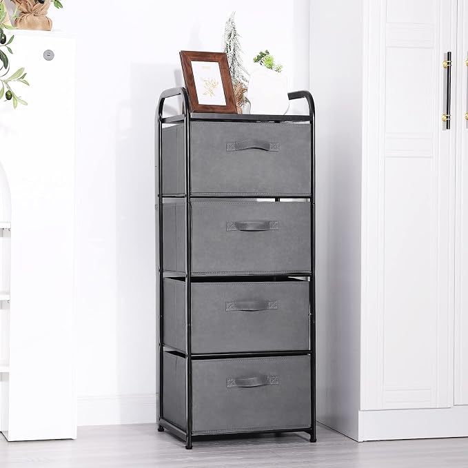 MAX Houser 4 Drawer Fabric Dresser Tall Storage Tower, Dresser Chest with Wood Top, Vertical Nightstand Side Organizer Unit with Metal Frame for Closets Bedroom Nursery Room Hallway(Leaden)
