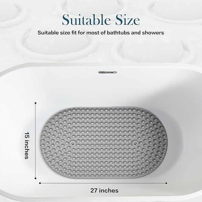 Non Slip Shower Mat 27x15 - Small Oval Bath Mat for Inside Tub, Silicone Bubble Pop It Bathroom Floor Mat with Strong Suction Cups, Quick Dry, Anti Slip Bathtub Mat for Shower, Grey