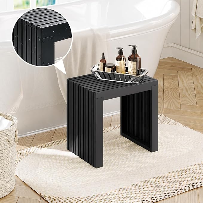 Bamboo Dining Bench, 18-inch Sleek Design Entryway Shoe Rack Bench, Indoor Kitchen Table Bench, Waterproof Outdoor Bench, Black
