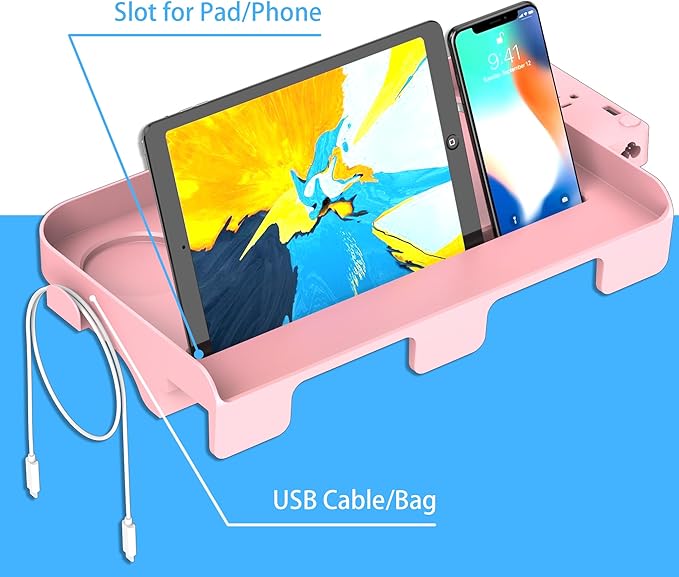Hiree Bedside Shelf for Dorm Bunk Bed with USB Charging Port and 2 AC Outlets, Bed Side Table Tray Organizer, College Dorm Essential, Clip On Bedside Tray, Cool Teen Girls Trendy Stuff (Pink)