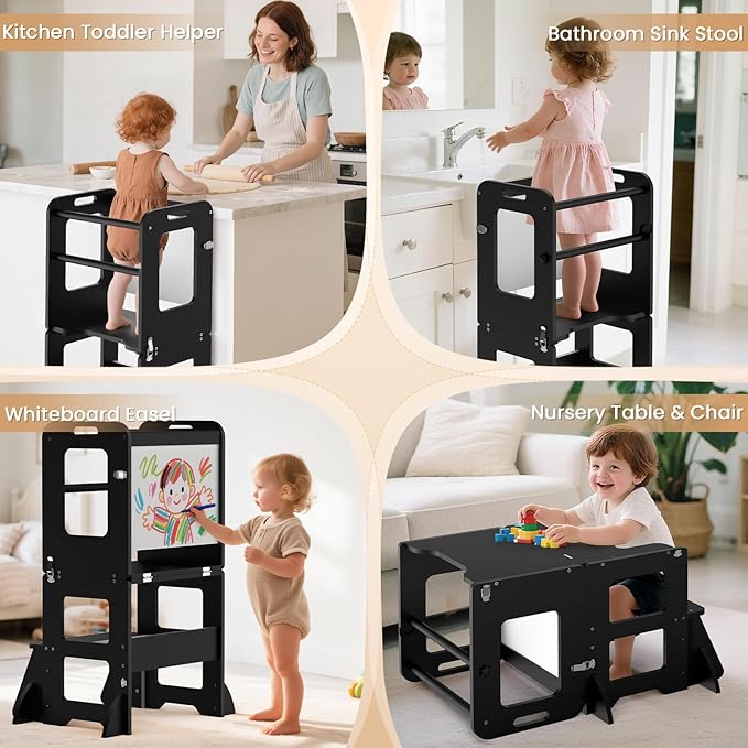 Woodure 4-in-1 Toddler Kitchen Step Stool, Learning Standing Tower with Whiteboard, Wooden Kitchen Stool Helper for Kids, 1-3 Year Old Boy Girl Gifts-Black