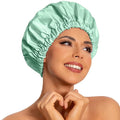 Reusable Shower Cap for Women, Large Waterproof Shower Bonnet with Elastic Band, Washable Bath Hair Cap for Long, Curly Hair, Braids, Daily Shower, Home Spa, Travel(Green Bean)