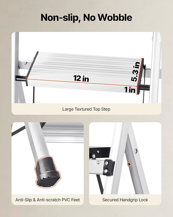 VEVOR 4 Step Ladder, Folding Step Stool with Wide Anti-Slip Pedal and Comfort Handgrip, 330 lbs Capacity Portable Aluminum Stepladder, Multi-Use for Kitchen, Home, Warehouse and Office, Silver