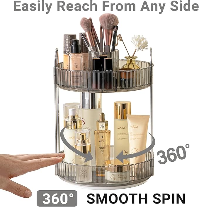 Asayuee 360 Rotating Makeup Organizer,2 Tier Large Capacity Make Up Organizers and Storage,Skincare Perfume Vanity Organizers,Bathroom Cosmetics Storage Organizer Countertop(Grey)