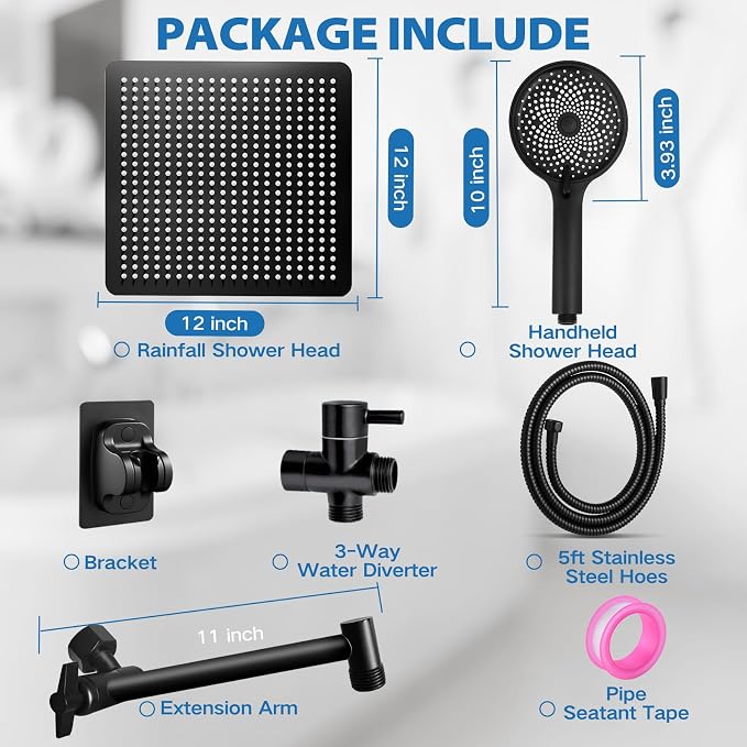 Shower Head,12”Rain Shower Head with Handheld Spray Combo and Adjustable Extension Arm/Shower System,High Pressure Rain Fall Hose,Chrome