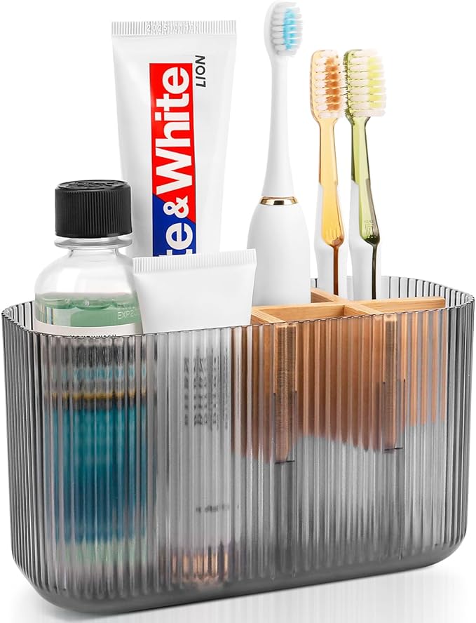 GFWARE Black Bathroom Accessories - 5 Slots Toothbrush Holders for Bathrooms Sink Organizer Countertop Kids Bathroom Storage Caddy Decor