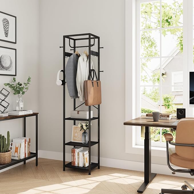 ELYKEN Coat Rack Freestanding, Hall Tree with 3 Storage Shelves and 12 Hooks, Metal Clothes Rack Stand Organizer for Bedroom, Hallway, Entryway, Office, Living Room, Black