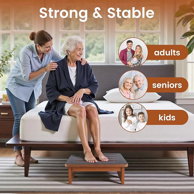 Landrip Step Stool for Adults Seniors with Non-Slip Rubber Stepping Surface, Heavy Duty Wooden Step Stool, Bed Steps for High Beds, Bathroom, Bedroom, Kitchen & Kids Bedside Support