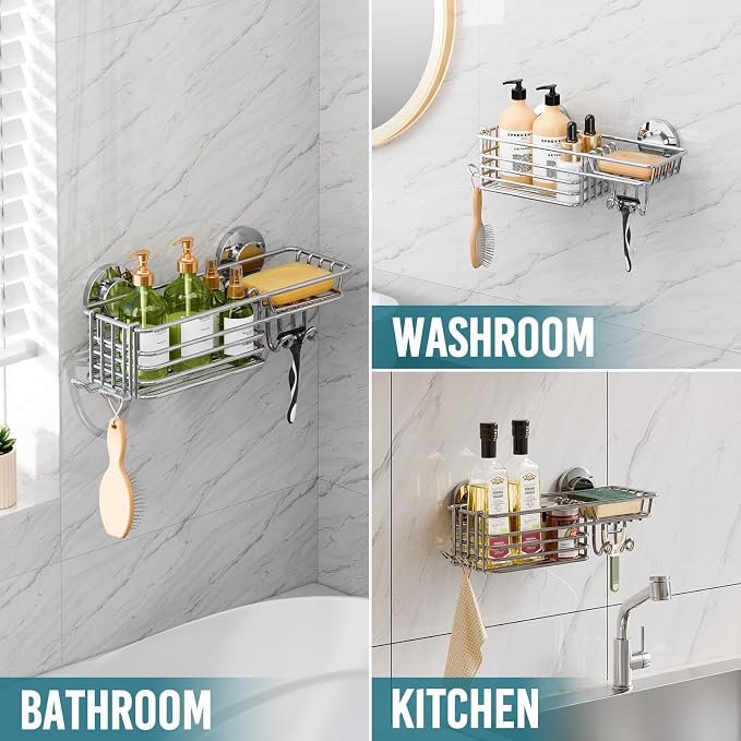 TAILI Shower Caddy Suction Cup with Hooks & Soap Holder, Heavy Duty Bathroom Shower Organizers, Removable Bathroom Shelves for Inside,Stainless Steel Bathroom Holder