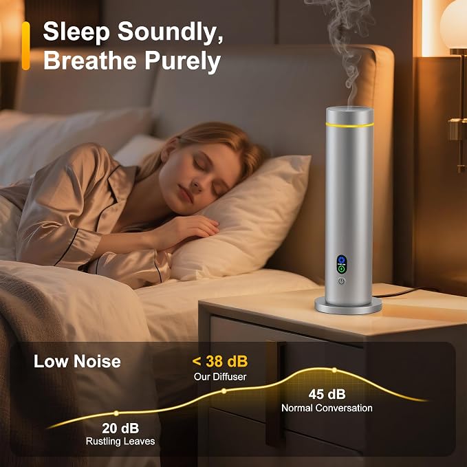 Maromalife Waterless Diffuser, Essential Oil Diffuser, 1000 Sq.Ft Coverage Scent Diffuser – Plug-in Only, Adjustable Mist, Remote, Mood Lights for Home & Office, Large Room, Hotel, Silver