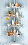HAMITOR Shower Organizer Tension Pole: 4-Tier Rustproof Large Capacity Corner Shower Caddy with Hooks - Heavy Duty No Drilling Adjustable Storage Rack for Family, Apartment & Dorm 47-123 Inch White