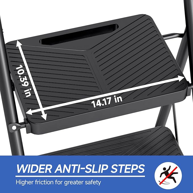 KINGRACK 4 Step Ladder, Folding Step Stool with Handrail, Safe-Lock Design and Wide Anti-Slip Pedals, 500 lbs Capacity Sturdy Steel Ladder for Home and Kitchen, Black