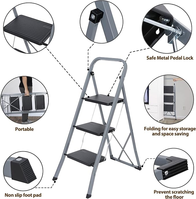 ZENY 3 Step Ladder Folding Step Stool with Wide Anti-Slip Pedal, Convenient Handgrip, Portable Steel Step Stool, 300 lbs Sturdy Steel Ladder for Household and Office