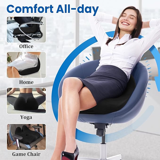 CushZone Seat Cushion, Ergonomic Memory Foam Seat Cushions for Office Chairs, Car, Long Trip, Desk Chair, Lab, Extra Large Size for Sciatica & Hip & Tailbone Pain Relief, Sciatica Support (Black)