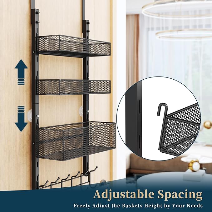 Consumest Over The Door Hooks Organizer - 4 Tier Door Coat Rack with 3 Baskets & 12 Hooks, Stainless Steel Towel Hanger for Bedroom, Bathroom, Living Room, Black