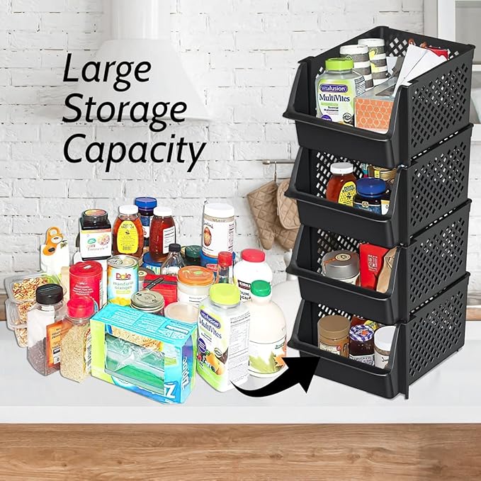 TidyFriend 4 Pack Stackable Storage Bins Open Front for Pantry Organizers and Storage, Pantry Storage for Food, Kitchen and Home Organization, Plastic Storage Bins, Dorm Room Essentials (Black)