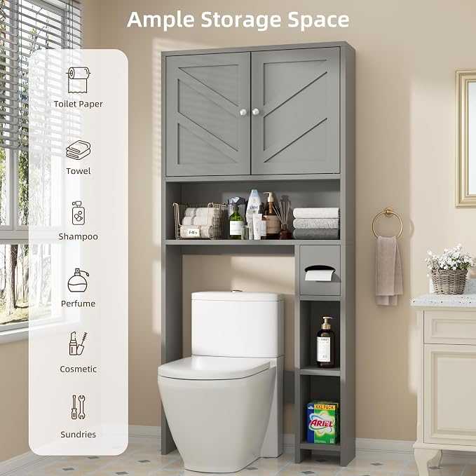 Shintenchi Over the Toilet Storage Cabinet, Bathroom Storage Cabient with Barn Doors, Bathroom Storage Shelf Organizer with Toilet Paper Holder, Adjustable Shelf and Anti-Tip Device, Gray
