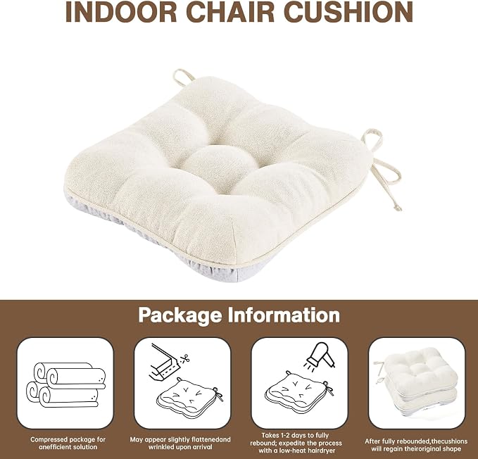 BETU White Chair Cushions for Dining Chairs Set of 6,3.5" Thick Kitchen Table Chair Pads with Ties,Non Slip Backing and Covers, Seat Cushion for Dining Room,Bar,Patio Chairs,15.5"X15.5"X3.5",White