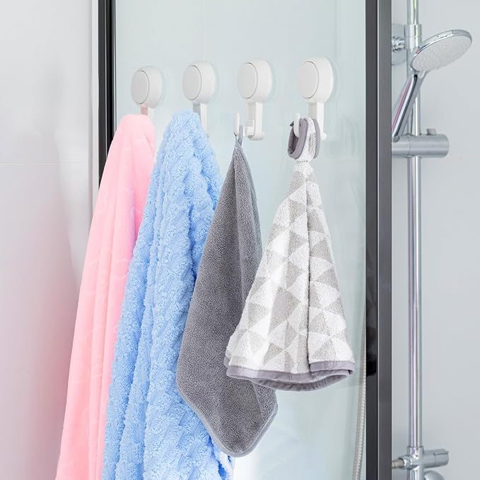 TAILI 4 Pack Powerful Suction Cup Shower Hooks for Towel, Loofah, 360° Rotatable Damage-free Hanging Versatile Wall Hooks for Inside Bathroom, Decoration, Removable Suction Holders, Easy to Use, White