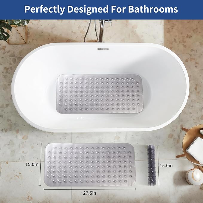 Non Slip Bath Mat, Quick-Dry Bathtub Mat with Strong Suction Cups & Drain Holes, Soft PVC Bathroom Mat for Smooth Surfaces, Machine Washable, 27.5x15 Inches, Grey