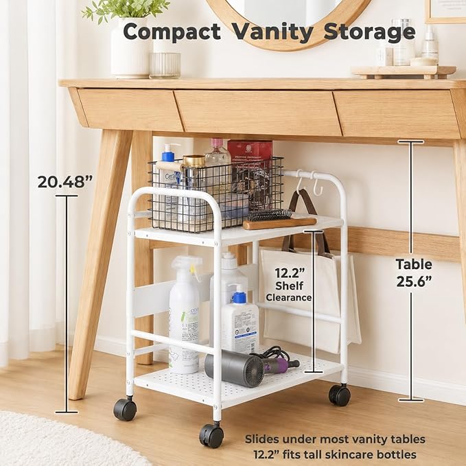 2-Tier Metal Rolling Cart, Under Desk Storage with 12.2" Shelf Clearance, Anti-Drop Guard & Hooks, Compact Utility Cart for Kitchen, Office, Laundry, Bathroom, Pantry, Living Room - White