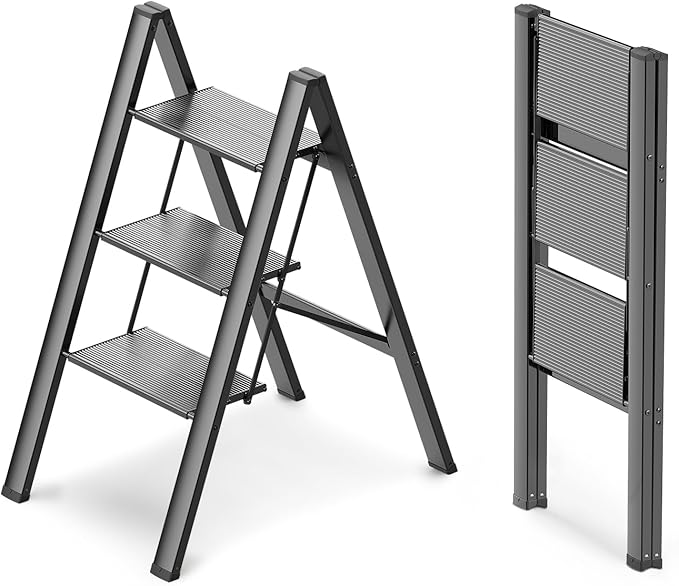 WOA WOA 3 Step Ladder, Foldable Step Stool, Lightweight Ladder for Home Kitchen Closet, Anti-Slip Aluminum Pedals, Ease of Folding, Portable, 300lbs Capacity - Black