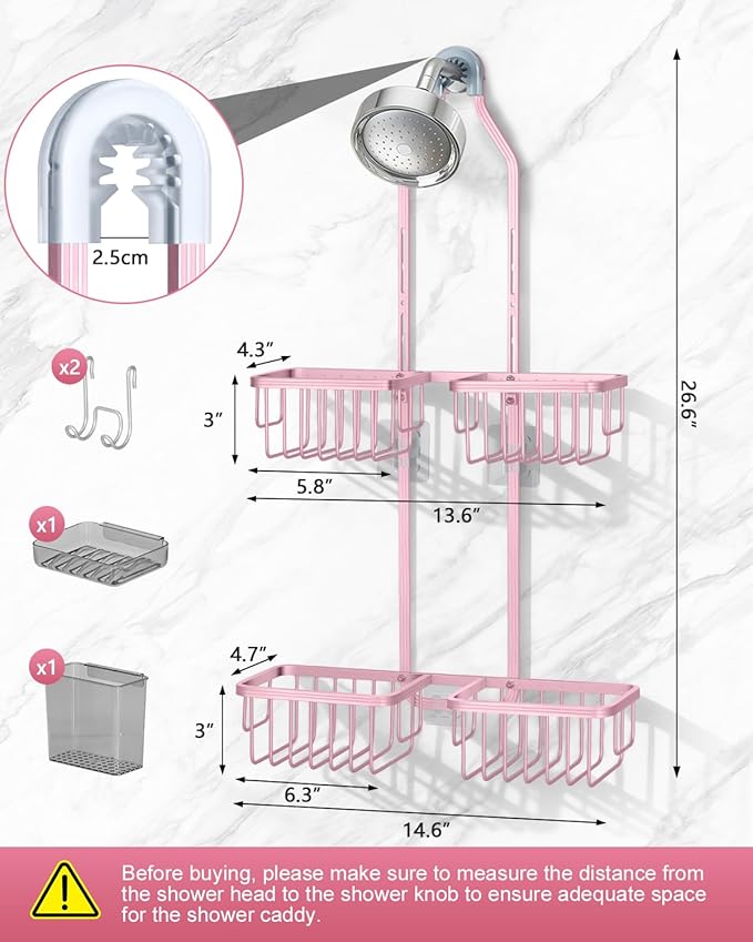 Adjustable Shower Caddy Hanging for Handheld Showerheads - Never Rust Shower Hanging Organizer, Upgraded Bathroom Shower Rack with Soap Basket, Hooks and Toothbrush Holder (Pink)