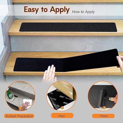 S&X Outdoor Stair Treads Non-Slip Tape 15-Pack Pre-Cut 6"x24" for Wooden Steps, High Traction Grip, Anti-Slip, Weather-Resistant, Black