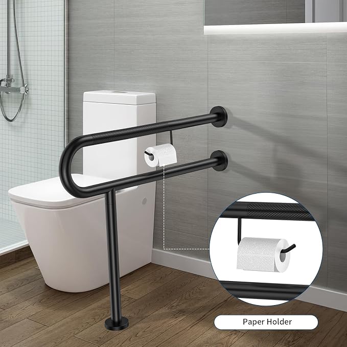 Toilet Support Rail w/Toilet Paper Holder 31.5x28 Inch, ZUEXT Wall to Floor Matte Black Anti-slip Handicap Grab Bar for Bathroom,Stainless Steel Safety handrails with Leg for Elderly Disabled Pregnant