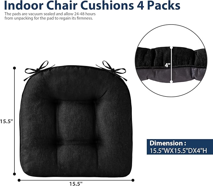 IASEAHK Chair Cushions for Dining Chairs, Seat Cushions for Kitchen Chairs, Indoor Seat Cushions with Ties, Tufted Foam Chair Pads, Non Slip Chair Cushions Set of 6, 15.5" x 15.5" x 4", Black