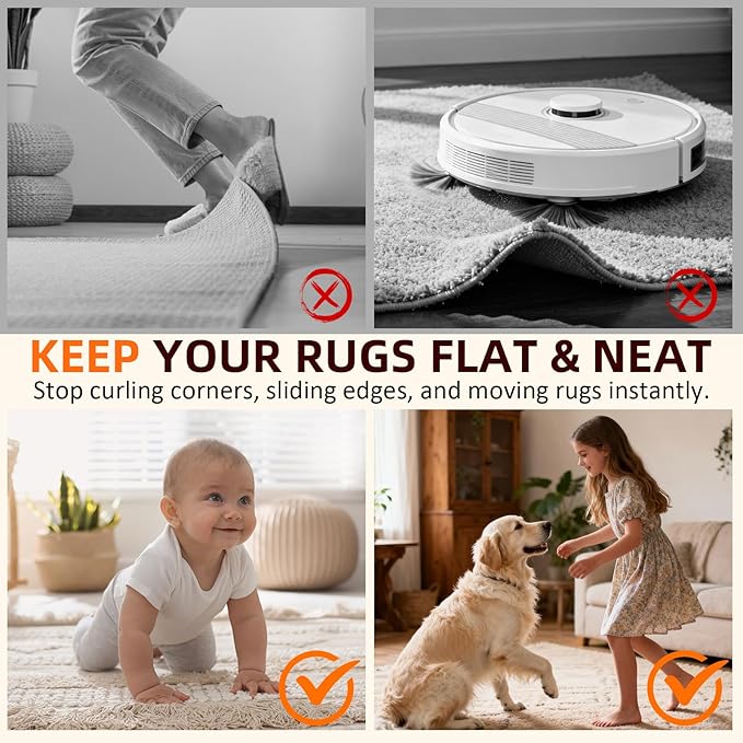 Rug Grippers 24PCS, Trapezoid Non Slip Rug Pads, Reusable Washable PU Carpet Tape, Strong Adhesive Rug Corner Tape for Hardwood Floors Tile Laminate Marble, Black