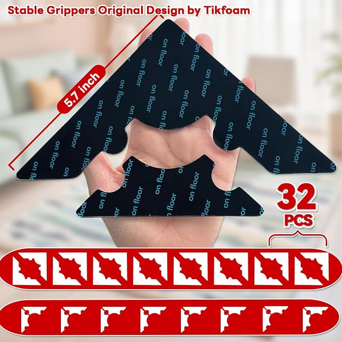 Rug Non Slip Grippers, Reusable Rug Tape, No Damaging for Floor, Carpet Corner Stickers for Hardwood Floors and Tiles, Strong Hold Carpet Gripper for Area Rugs, 32Pcs