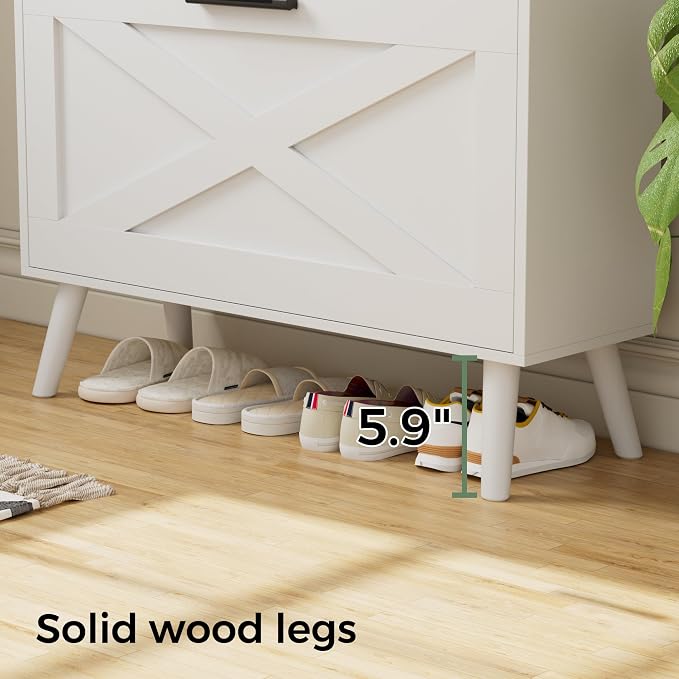 Homleke 32" W Farmhouse Shoe Storage Cabinet with 2 Flip Drawers and Barn Door Design, Adjustable Shelves, Modern Hidden Slim Narrow Shoe Rack Cabinet for Entryway, Foyer, Hallway, Living Room, White