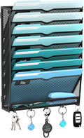 8-Tier Hanging Wall File Organizer with 5 Hooks, Mesh Wall File Holder Vertical Mount Mail Organizer for Papers, Folders, Magazines, Bills, Office and School, Black