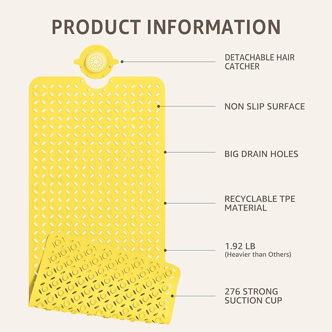 OTHWAY Bath Mat for Tub Non Slip: 39" X 17" Long Bathtub Mat with Hair Catcher│Big Drain Holes Shower Mats for Inside Shower│Machine Washable (Yellow)