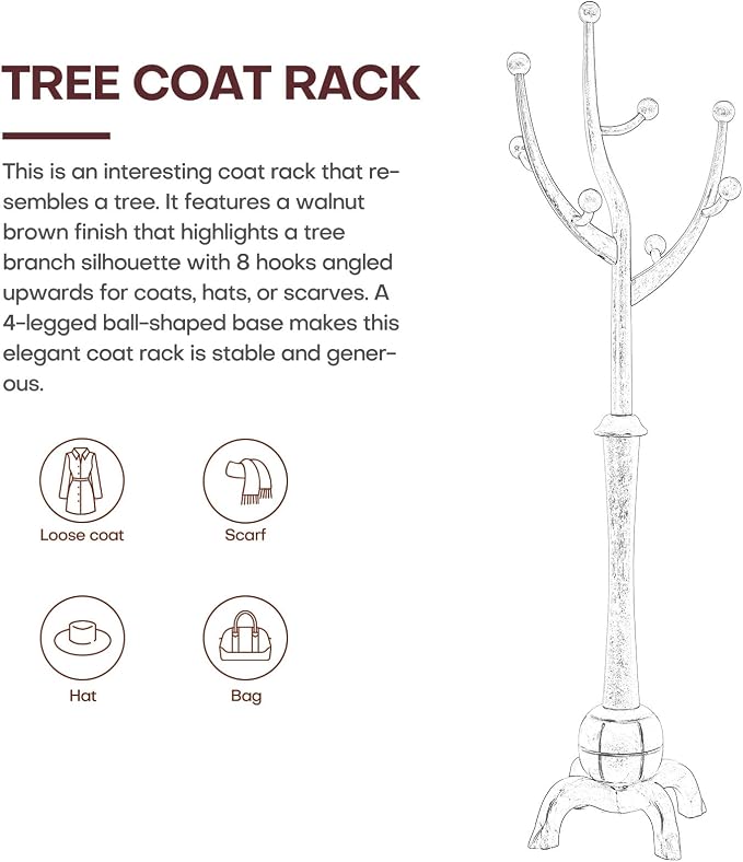 Bekrvio Coat Rack Freestanding Wood Tree Rack with 8 Hooks, Creative Design Tree Branch-look, Coat Tree Clothes Hanger Stand with Stable Sphere Base for Entryway, Hallway, Bedroom (Wine Red)