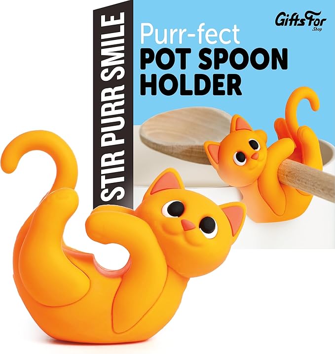 Orange Cat Spoon Rest for Stove Top – Silicone Pot Clip Utensil Holder & Lid Lifter – Funny Kitchen Gadget, Unique Orange Tabby Cat Gifts for Women – 3" x 2.5"