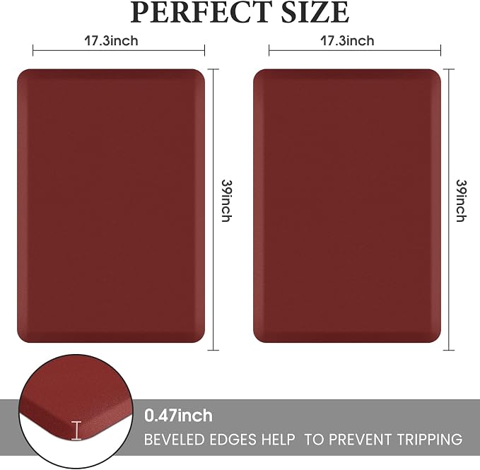 HappyTrends 2 PCS Kitchen Mat Cushioned Anti-Fatigue Floor Mat, Heavy Duty Ergonomic Comfort Foam Standing Mat, Waterproof Non-Slip Kitchen Rugs for Home, Office, Laundry,Red