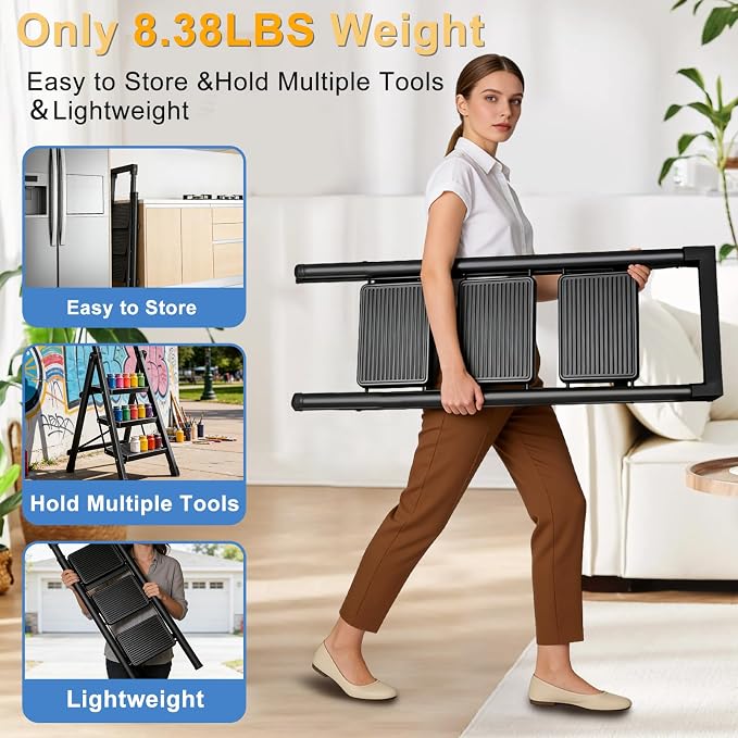 3 Step Ladder with Handrail Folding Step Stool with Tool Tray 500LBS Capacity Sturdy Carbon Steel Frame Anti-Slip Stripe Pedal for Home Kitchen Garage (black-3step)