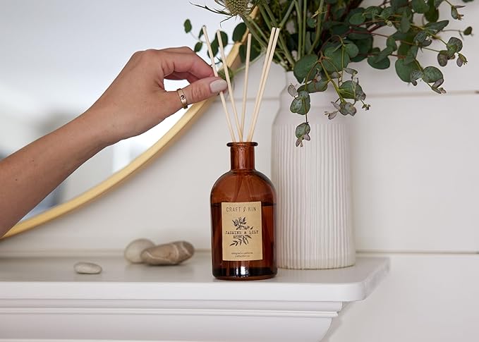 Craft & Kin Lily & Jasmine Reed Diffuser – 5.75 oz Essential Oil Diffuser for Home & Bathroom – Up to 120-Day Fragrance with 8 Rattan Scent Sticks – Amber Glass Room Decor